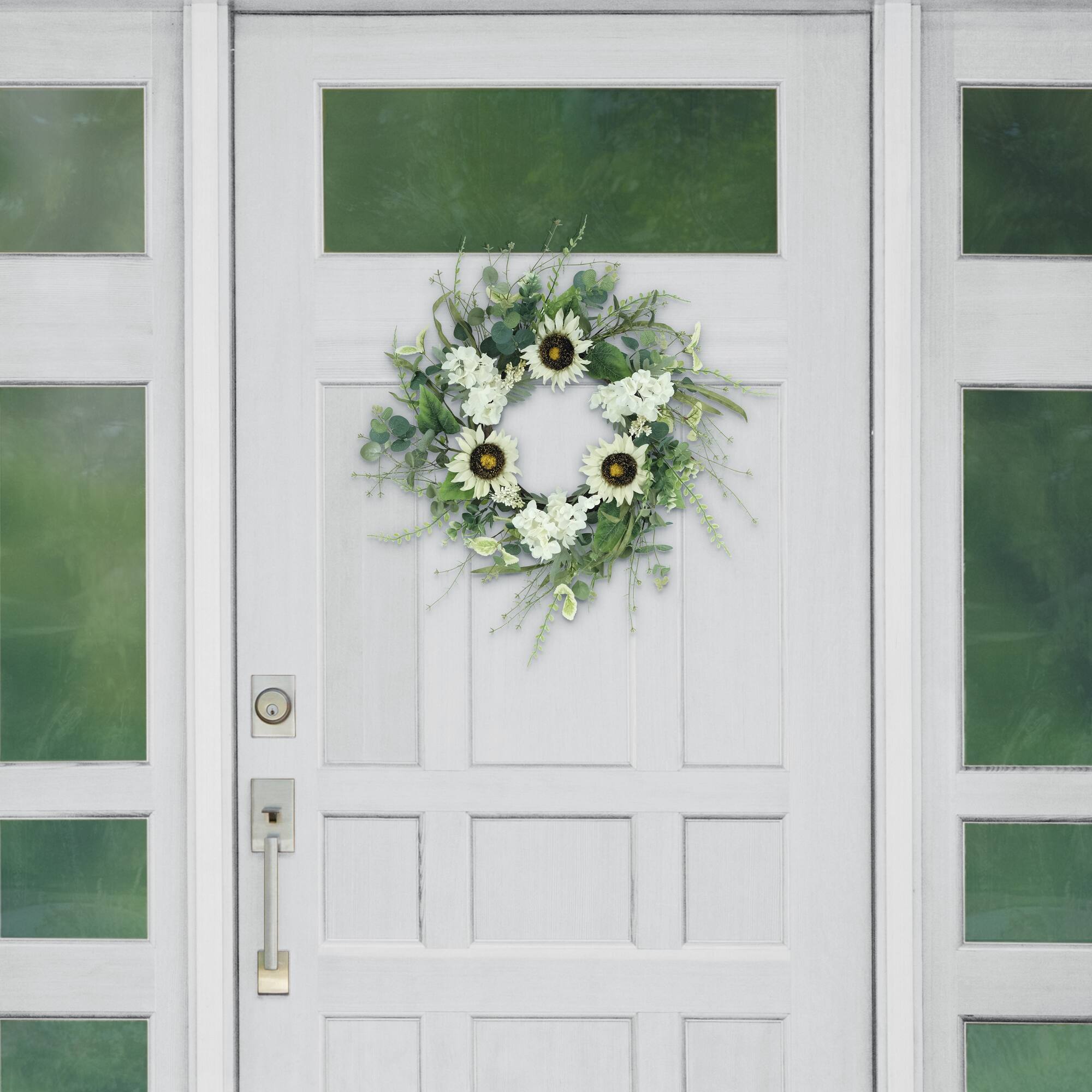 6 Pack: 24" White & Green Sunflower & Hydrangea Floral Spring Wreath